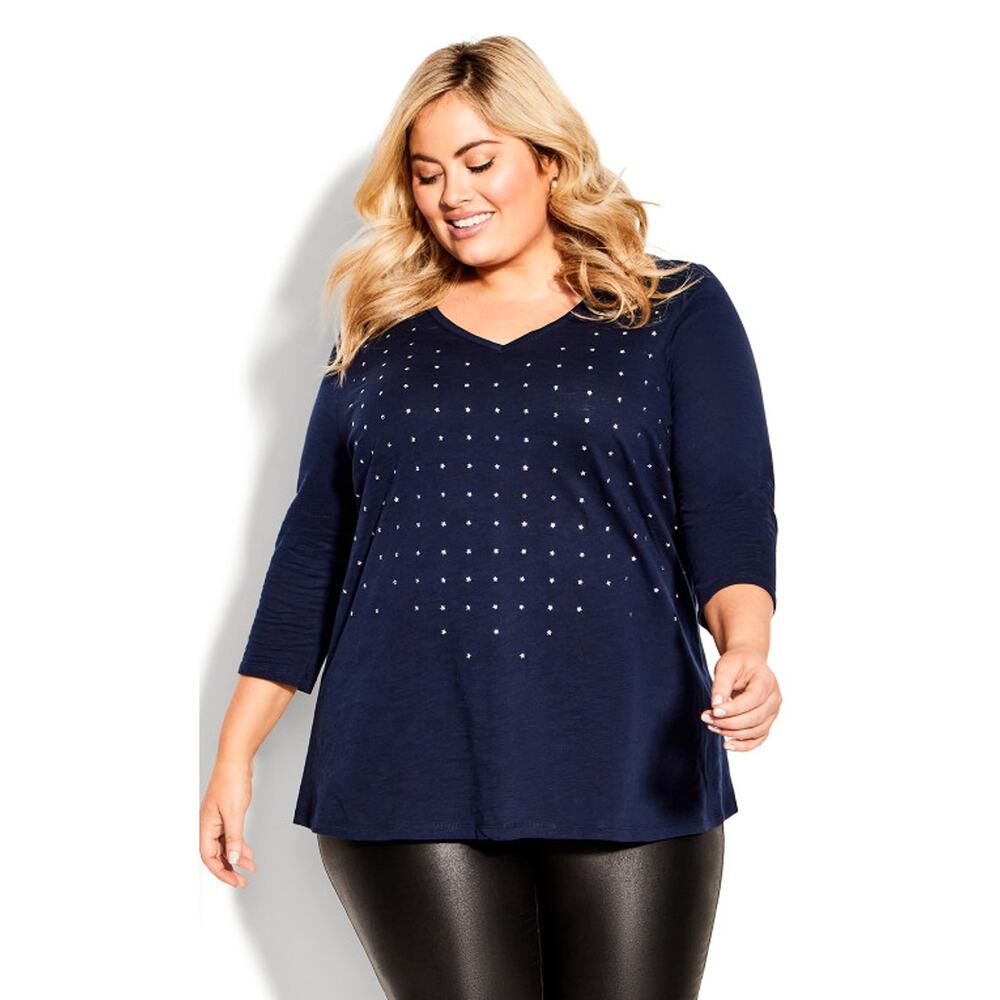 AVENUE Women's Navy Sparkling Stars V-Neck 3/4 Sleeve Tee | Size 30/32 NWT
